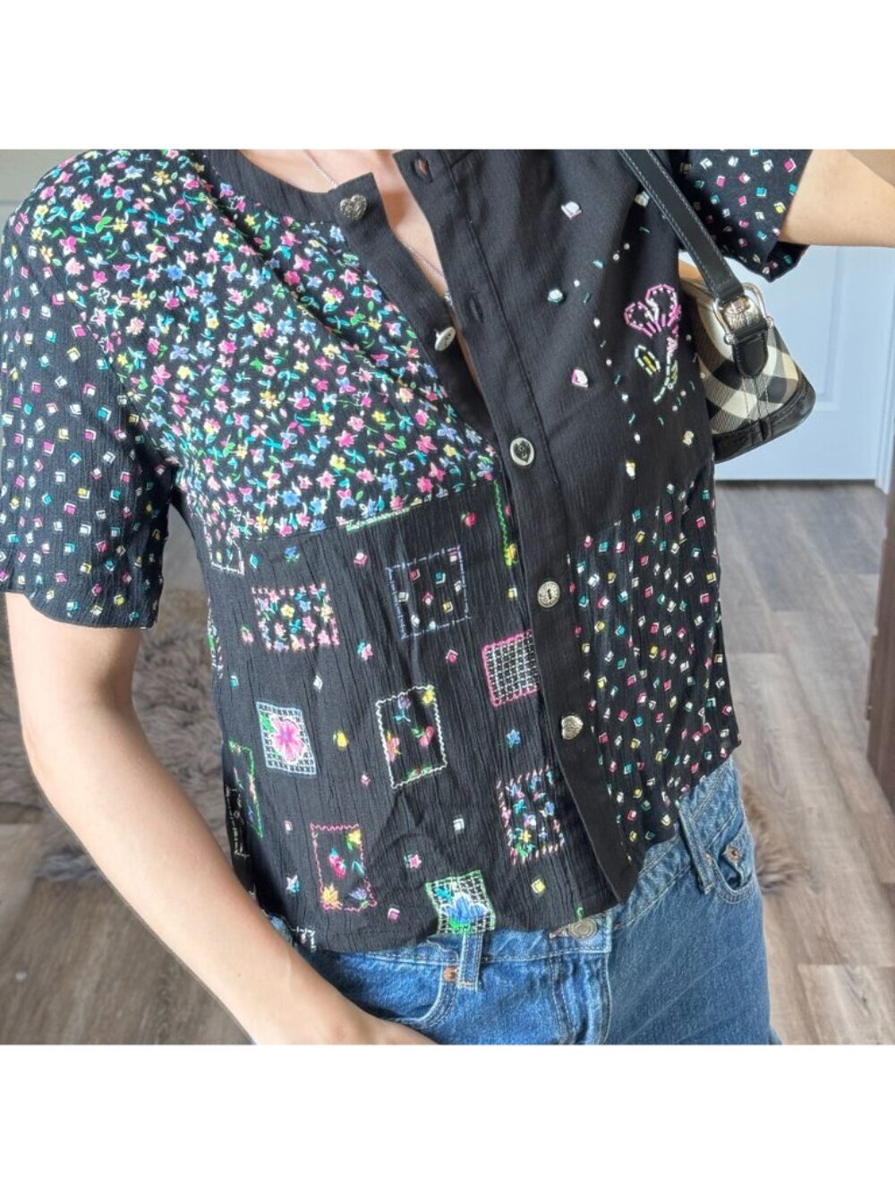 Y2K Floral Beaded Patchwork Cottagecore Button Blouse Grandma Chic Rayon Shirt - Picture 2 of 9